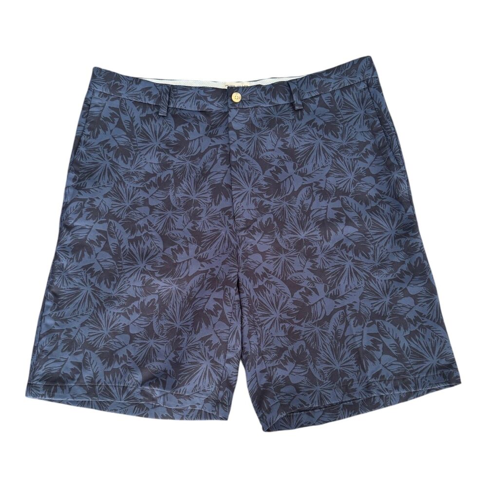 Peter Millar Shorts Mens 36 Large Navy Blue Palm Leaf Golf Performance Polyester
